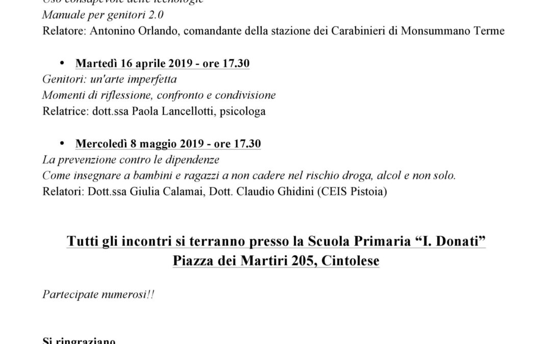 Ciclo di incontri aperto a tutti i genitori nei giorni 3 e 16 aprile e 8 maggio 2019
